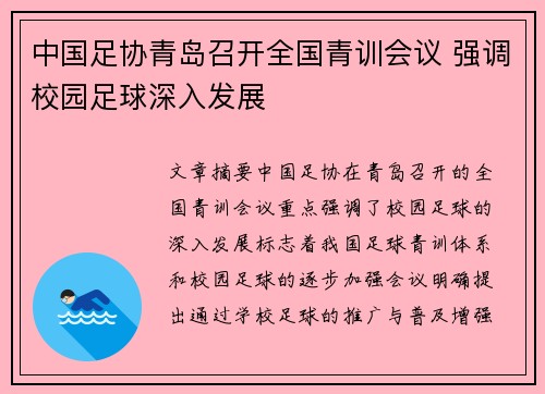 中国足协青岛召开全国青训会议 强调校园足球深入发展