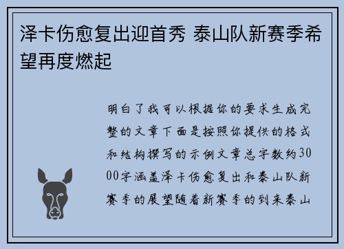 泽卡伤愈复出迎首秀 泰山队新赛季希望再度燃起